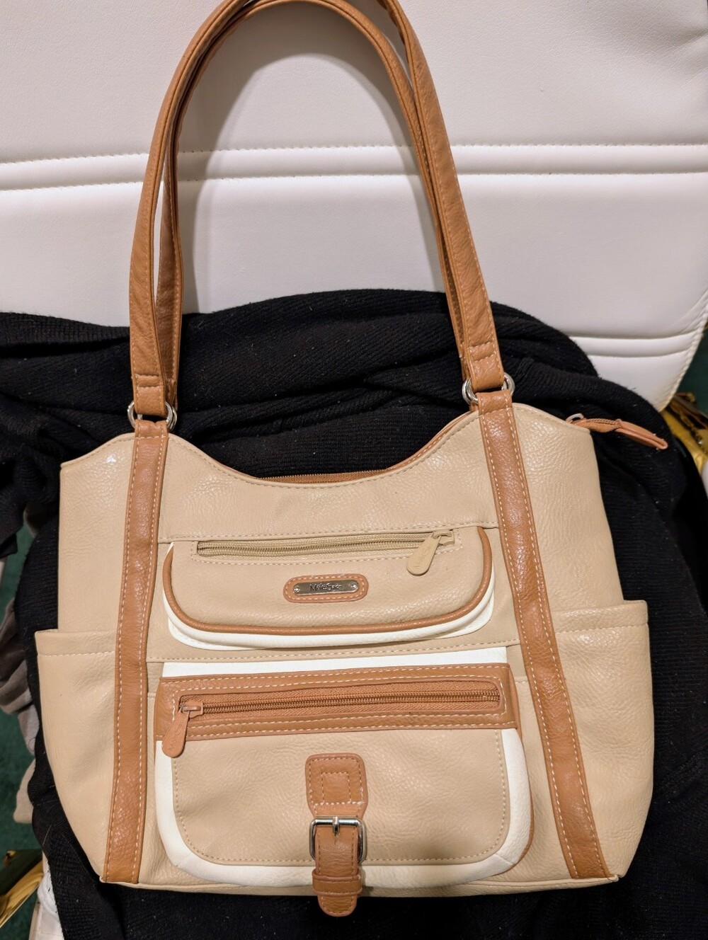 MultiSac Neutral Beige and Tan Tote Handbag With A lot Of Compatments. 14"X 11"